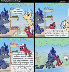 Size: 878x911 | Tagged: safe, artist:sky-railroad, artist:viwrastupr, oc, oc only, oc:kno change, oc:tin fork, earth pony, kirin, pegasus, pony, comic:the not very magical adventures of kno change, asparagus, comic, female, filly, fridge horror, kirin oc, long tail, looking at you, speech bubble, stream of silence, vegetables, vendor stall
