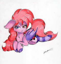 Size: 2447x2573 | Tagged: safe, artist:luxiwind, oc, oc only, oc:pomme d'amour, bat pony, pony, clothes, female, heterochromia, high res, mare, prone, socks, solo, traditional art