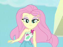 Size: 535x401 | Tagged: safe, screencap, fluttershy, human, equestria girls, equestria girls series, g4, i'm on a yacht, spoiler:eqg series (season 2), clothes, cropped, eyeshadow, female, hairpin, lidded eyes, makeup, sexy, smiling, solo, summer, wavy hair