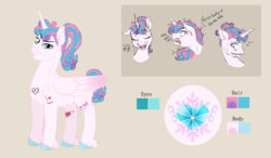Size: 2400x1400 | Tagged: safe, artist:miyathegoldenflower, princess flurry heart, alicorn, pony, g4, ..., colored hooves, colored wings, faic, female, gradient wings, lipstick, mare, music notes, older, older flurry heart, ponytail, reference sheet, simple background, sparkly mane, tattoo, unshorn fetlocks, wings