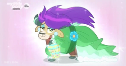 Size: 1536x806 | Tagged: safe, screencap, yona, yak, g4, she's all yak, alternate hairstyle, clothes, cloven hooves, dress, ear piercing, earring, female, flower, jewelry, piercing, puffy sleeves, purple hair, solo, spoiler