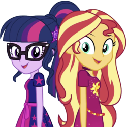 Size: 1455x1453 | Tagged: safe, edit, edited screencap, screencap, sci-twi, sunset shimmer, twilight sparkle, equestria girls, g4, i'm on a yacht, my little pony equestria girls: better together, background removed, clothes, dress, geode of empathy, geode of fauna, geode of shielding, geode of sugar bombs, geode of super speed, geode of super strength, geode of telekinesis, glasses, magical geodes, not a vector, ponytail, simple background, transparent background, vector