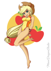 Size: 900x1265 | Tagged: safe, artist:silver-wingx, applejack, equestria girls, g4, adorasexy, barefoot, breasts, busty applejack, clothes, cowboy hat, cute, cutie mark background, feet, female, freckles, hat, one-piece swimsuit, open mouth, sexy, solo, stetson, stupid sexy applejack, swimsuit