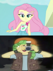 Size: 1080x1438 | Tagged: safe, edit, edited screencap, screencap, fluttershy, sandalwood, equestria girls, equestria girls specials, g4, i'm on a yacht, my little pony equestria girls: better together, my little pony equestria girls: mirror magic, camera, cropped, female, male, sandalshy, sexy, shipping, shipping domino, straight, summer, wavy hair