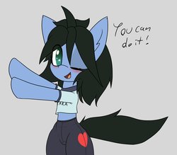 Size: 3000x2629 | Tagged: safe, artist:an-m, artist:exxie, oc, oc only, oc:reflect decrypt, pony, bike shorts, bipedal, clothes, dialogue, female, heart, high res, mare, one eye closed, shirt, solo, wink