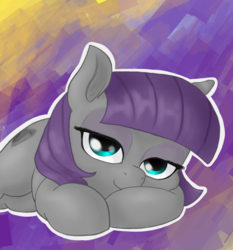 Size: 1400x1500 | Tagged: safe, artist:t72b, derpibooru exclusive, maud pie, earth pony, pony, g4, abstract background, cute, female, looking at you, lying down, mare, maudabetes, missing accessory, smiling, solo, when she smiles