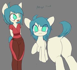 Size: 3300x2993 | Tagged: safe, artist:an-m, oc, oc only, oc:mirage finch, pony, anthro, anthro with ponies, blouse, blushing, butt, clothes, dock, female, high res, mare, pants, plot, raised hoof, yoga pants