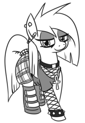 Size: 605x875 | Tagged: safe, artist:jargon scott, oc, oc only, oc:nada phase, earth pony, pony, ankh, boots, clothes, ear piercing, eyeshadow, female, fishnet stockings, goth, grayscale, jewelry, lidded eyes, looking at you, makeup, mare, monochrome, necklace, piercing, shoes, simple background, smiling, solo, white background