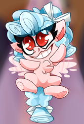 Size: 2529x3719 | Tagged: safe, artist:nekosnicker, cozy glow, pegasus, pony, frenemies (episode), g4, better way to be bad, chest fluff, eye clipping through hair, female, filly, flying, grin, high res, no pupils, smiling, solo
