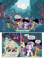 Size: 768x1024 | Tagged: safe, artist:brendahickey, idw, official comic, apple bloom, scootaloo, sweetie belle, bird, earth pony, pegasus, pony, unicorn, g4, spirit of the forest, spoiler:comic, spoiler:comicspiritoftheforest01, baseball cap, camping, cap, comic, cutie mark crusaders, female, filly, foal, forest, hat, preview, raised hoof, saddle bag, speech bubble, whitetail woods