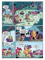 Size: 768x1024 | Tagged: safe, artist:brendahickey, idw, official comic, apple bloom, scootaloo, sweetie belle, earth pony, pegasus, pony, unicorn, g4, spoiler:comic, spoiler:comicspiritoftheforest01, baseball cap, camping, cap, comic, cutie mark crusaders, female, filly, foal, hat, preview, speech bubble, sweetie fail, whitetail woods