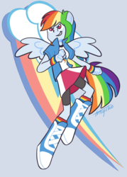 Size: 750x1050 | Tagged: safe, artist:strawberrykookie, rainbow dash, equestria girls, g4, boots, clothes, compression shorts, cute, cutie mark background, dashabetes, female, miniskirt, ponied up, shoes, shorts, skirt, skirt lift, socks, solo, wristband