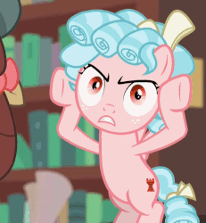 Size: 1000x1080 | Tagged: safe, edit, edited screencap, screencap, cozy glow, pegasus, pony, yak, g4, what lies beneath, adorable face, animated, belly, book, bookshelf, cozy glow is not amused, cozybetes, cropped, cute, female, filly, flying, foal, freckles, head in hooves, library, mocking, talking