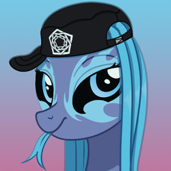 Size: 466x466 | Tagged: safe, artist:crystalightx, oc, oc:aster the powerliquid, original species, pony, black sclera, bust, cap, female, forked tongue, hat, looking at you, mare, markings, not luna, portrait, simple background, tongue out