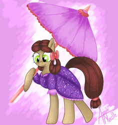 Size: 1676x1584 | Tagged: safe, artist:appleneedle, yona, pony, g4, she's all yak, bow, clothes, cute, dress, female, hair bow, monkey swings, ponified, pony yona, solo, species swap, umbrella, yonadorable