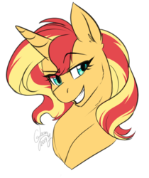 Size: 629x750 | Tagged: safe, artist:cosmalumi, sunset shimmer, pony, unicorn, bust, cute, ear fluff, eye clipping through hair, female, mare, portrait, shimmerbetes, simple background, smiling, solo, transparent background