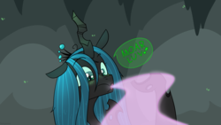 Size: 2560x1440 | Tagged: safe, artist:fuzzypones, queen chrysalis, changeling, changeling queen, frenemies (episode), g4, :o, changeling feeding, colored, cute, cutealis, female, love, moar, open mouth, solo, text, that changeling sure does love love, this will end in weight gain