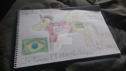 Size: 1024x576 | Tagged: safe, artist:super-coyote1804, pony, ayrton senna, brazil, colored pencil drawing, deviantart watermark, formula 1, obtrusive watermark, ponified, solo, traditional art, watermark