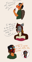 Size: 1231x2405 | Tagged: safe, artist:blackblood-queen, oc, oc only, oc:brigadeiro drizzle, oc:daniel dasher, oc:dusk flame, dracony, hybrid, anthro, alternate universe, anthro oc, clothes, crossdressing, crying, dialogue, drag queen, dress, eyeshadow, father and son, lipstick, looking back, makeup, male, simple background, stallion