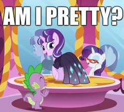 Size: 1067x964 | Tagged: safe, edit, edited screencap, screencap, rarity, spike, starlight glimmer, dragon, pony, unicorn, the cutie re-mark, bronybait, caption, clothes, cropped, cute, dress, female, glimmerbetes, image macro, male, mare, obvious, open mouth, pretty, smiling, text, yes