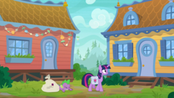 Size: 1920x1080 | Tagged: safe, screencap, spike, twilight sparkle, alicorn, dragon, pony, g4, the point of no return, bag, saddle bag, twilight sparkle (alicorn), winged spike, wings