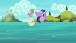 Size: 1920x1080 | Tagged: safe, screencap, spike, twilight sparkle, alicorn, dragon, pony, g4, the point of no return, bag, duo, female, flying, mailbag, male, mare, saddle bag, twilight sparkle (alicorn), winged spike, wings