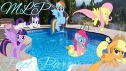 Size: 1280x720 | Tagged: safe, artist:cider paws70, applejack, fluttershy, pinkie pie, rainbow dash, rarity, twilight sparkle, alicorn, earth pony, pegasus, pony, unicorn, g4, female, floaty, flying, goggles, irl, ladder, mane six, mare, party, photo, ponies in real life, pool party, pool toy, slide, snorkel, swimming, swimming pool, text, thumbnail, twilight sparkle (alicorn), water slide, wet mane