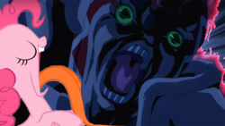 Size: 960x540 | Tagged: safe, edit, pinkie pie, earth pony, pony, g4, swarm of the century, golden wind, impossibly long tongue, jojo's bizarre adventure, king crimson (stand), long tongue, stand, tongue out, vento aureo