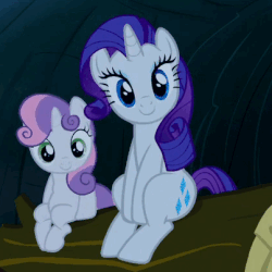 Size: 403x403 | Tagged: safe, screencap, rarity, sweetie belle, pony, unicorn, g4, season 3, sleepless in ponyville, cropped, cute, daaaaaaaaaaaw, diasweetes, duo, female, filly, foal, gif, hasbro is trying to murder us, log, looking at you, mare, non-animated gif, raribetes, sisters, sitting, smiling, weapons-grade cute