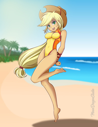 Size: 618x800 | Tagged: safe, alternate version, artist:matty4z, artist:silver-wingx, applejack, equestria girls, g4, adorasexy, barefoot, beach, beautiful, breasts, busty applejack, clothes, cowboy hat, cute, feet, female, freckles, hat, jackabetes, one-piece swimsuit, open mouth, sexy, signature, solo, stetson, swimsuit