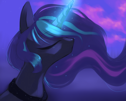 Size: 5000x4000 | Tagged: dead source, safe, artist:aoiyui, princess luna, alicorn, pony, g4, absurd resolution, bust, color porn, eyes closed, female, glowing horn, horn, mare, solo
