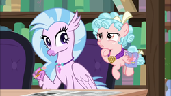 Size: 1280x720 | Tagged: safe, screencap, cozy glow, silverstream, hippogriff, pegasus, pony, g4, what lies beneath, bookshelf, cozy glow is not amused, female, filly, foal