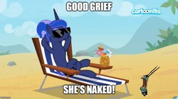 Size: 899x499 | Tagged: source needed, safe, edit, edited screencap, screencap, princess luna, alicorn, pony, between dark and dawn, g4, beach, beach chair, belly, cartoonito logo, chair, concave belly, crossover, drink, female, hooves behind head, makeup, mare, nickelodeon, nudity, plankton, relaxing, shocked, skinny dipping, slender, solo, spongebob squarepants, sunglasses, text, the algae's always greener, thin, we don't normally wear clothes