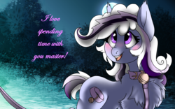 Size: 1920x1200 | Tagged: safe, artist:brainiac, derpibooru exclusive, oc, oc only, oc:whiskey lullaby, cat pony, original species, pony, blushing, chest fluff, leash, master, pet play, pony pet, pregnant, solo, text