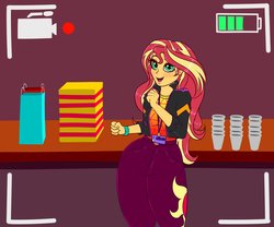 Size: 3000x2500 | Tagged: safe, artist:albertbm, sunset shimmer, equestria girls, g4, how to backstage, my little pony equestria girls: better together, adorasexy, backstage pass, bag, camcorder, camera shot, clothes, cup, cute, cutie mark on clothes, female, high res, hips, open mouth, pants, recording, selfie drone, sexy, shimmerbetes, solo, swag swag swag swag swag, thick, thighs, vip, wide hips