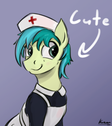 Size: 860x963 | Tagged: safe, artist:kam, sandbar, earth pony, pony, fanfic:friends who molt together, g4, arrow, clothes, cover art, crossdressing, cute, dress, fanfic, fanfic art, fanfic cover, male, no shit sherlock, nurse outfit, sandabetes, signature, solo, text