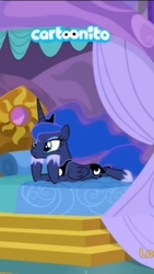 Size: 610x1080 | Tagged: safe, screencap, princess luna, alicorn, pony, between dark and dawn, g4, bad quality, bedroom, cartoonito logo, cropped, ethereal mane, female, lying, lying down, mare, prone, solo, sploot, starry mane