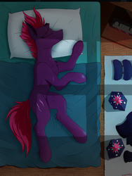 Size: 1500x2000 | Tagged: safe, artist:crimsonwolf360, fizzlepop berrytwist, tempest shadow, pony, unicorn, g4, alarm clock, bed, clock, cute, eye scar, female, mare, missing cutie mark, night, overhead view, royal guard, scar, sleeping, smiling, solo, tempest becomes a royal guard, tempestbetes