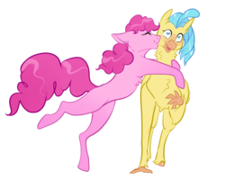 Size: 1000x800 | Tagged: safe, artist:malphym, pinkie pie, princess skystar, earth pony, hippogriff, pony, g4, my little pony: the movie, blushing, cheek kiss, chest fluff, eyes closed, female, floppy ears, heart eyes, hug, kissing, lesbian, mare, missing cutie mark, open mouth, request, ship:skypie, shipping, simple background, transparent background, wingding eyes