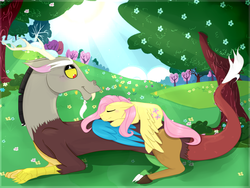 Size: 4000x3000 | Tagged: safe, artist:bennythebunny95, discord, fluttershy, draconequus, pegasus, pony, g4, blushing, female, flower, lidded eyes, male, mare, meadow, prone, ship:discoshy, shipping, sleeping, smiling, spread wings, straight, tree, wings