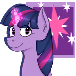 Size: 2000x2000 | Tagged: safe, artist:bennythebunny95, twilight sparkle, pony, unicorn, g4, bust, cutie mark background, ear fluff, eye reflection, female, glowing horn, high res, horn, looking at you, mare, reflection, simple background, smiling, solo, transparent background, unicorn twilight