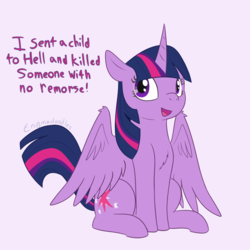Size: 900x900 | Tagged: safe, artist:enigmadoodles, twilight sparkle, alicorn, pony, g4, school raze, the beginning of the end, chest fluff, context is for the weak, cute, debate in the comments, dissonant caption, female, floppy ears, grimcute, implied cozy glow, implied death, implied king sombra, mare, op is a duck, open mouth, out of context, simple background, sitting, smiling, solo, speech, text, twiabetes, twilight sparkle (alicorn), white background