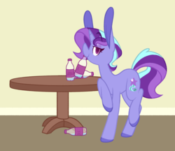Size: 3444x2972 | Tagged: safe, artist:glowfangs, oc, oc only, oc:comet lark, pony, unicorn, bottle, female, high res, mare, solo, table