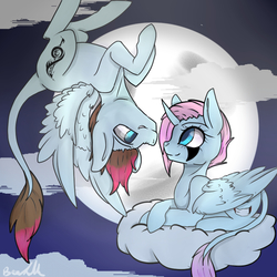 Size: 800x800 | Tagged: safe, artist:crazysurprise, oc, oc only, alicorn, pegasus, pony, cloud, female, flying, male, mare, moon, prone, stallion, upside down