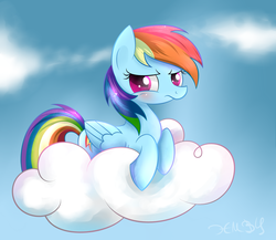 Size: 3000x2600 | Tagged: safe, artist:heavymetalbronyyeah, rainbow dash, pegasus, pony, g4, backwards cutie mark, blushing, cloud, cloudy, cute, dashabetes, female, high res, looking at you, lying down, on a cloud, solo