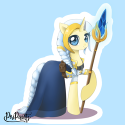 Size: 2733x2733 | Tagged: safe, artist:piripaints, pony, unicorn, blizzard entertainment, blue background, braid, braided tail, clothes, crossover, dress, female, high res, hoof hold, jaina proudmoore, looking at you, mage, mare, ponified, raised hoof, simple background, smiling, solo, staff, video game, warcraft, weapon, white hair, wizard, world of warcraft