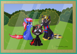 Size: 1024x714 | Tagged: safe, artist:sorasleafeon, oc, oc only, oc:alto wisp, oc:penumbra crescent, oc:shadow sora, pegasus, pony, unicorn, blue sky, bush, childhood, childhood innocence, colt, family, family photo, grass, happiness, happy, looking at you, male, picture, picture frame, signature, smiling, sunny day, trio, younger