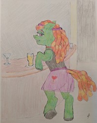 Size: 2964x3755 | Tagged: safe, artist:docard, tree hugger, earth pony, pony, g4, alcohol, bar, beer, butt, colored pencil drawing, drawing, drinking, female, high res, hippie, pencil, plot, sketch, solo, traditional art, tree