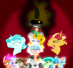 Size: 2168x2040 | Tagged: safe, artist:bea-drowned, chancellor neighsay, cozy glow, gallus, ocellus, principal abacus cinch, sandbar, silverstream, smolder, sunset shimmer, yona, oc, oc:ms. bea, pony, g4, countess, high res, student six, the young six