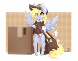 Size: 1600x1270 | Tagged: safe, artist:teranen, derpy hooves, pegasus, semi-anthro, g4, the point of no return, arm hooves, bottomless, box, clothes, cute, delivery, eye clipping through hair, featureless crotch, female, mail, mailbag, mailmare, mare, partial nudity, smiling, solo